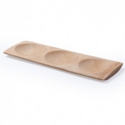 Bandeja para entremeses fabricada en bambú. La bandeja está dividida en 3 secciones diferentes.